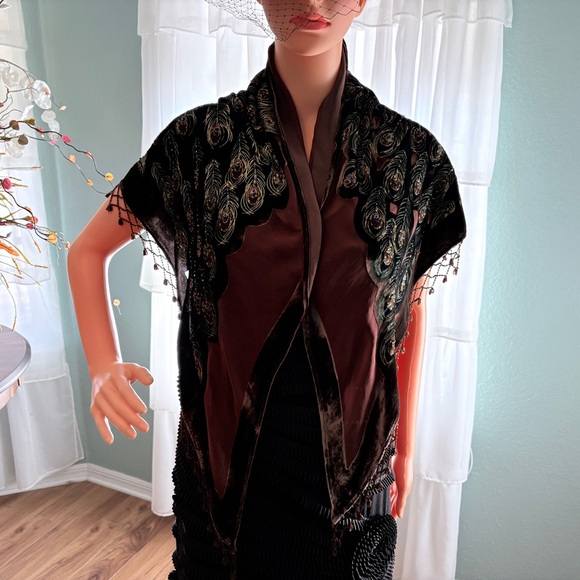 Vintage Peacock Velvet Beaded Tango Shawl | Fringe Wrap - Picture 7 of 7